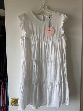 After Market White Tiered Mini Dress with Ruffle Sleeves